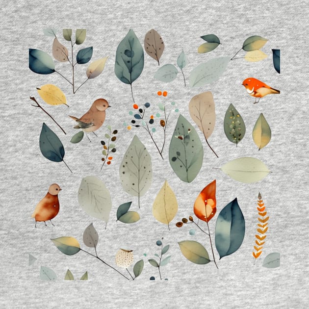 Lovely leaves, berries and birds forest pattern by Edgi